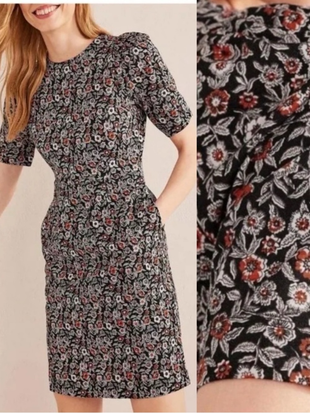 Boden Zoe Cotton Black Orange and White Floral Short Puff Sleeve Dress Pockets 6